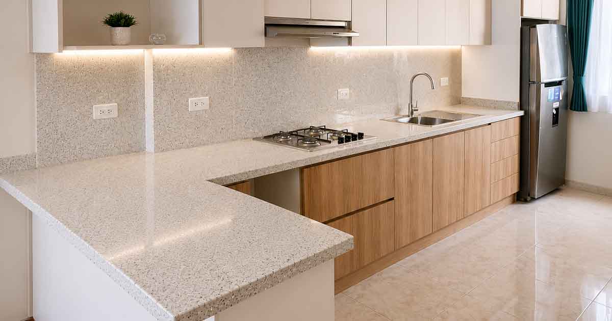 Cocina Granito Blanco Cristal con Pared revestida en Quito