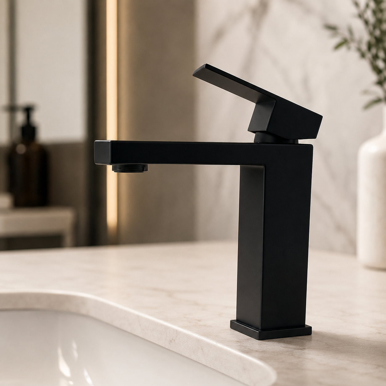 Llave monocomando negra para lavabo negro en showroom Quito