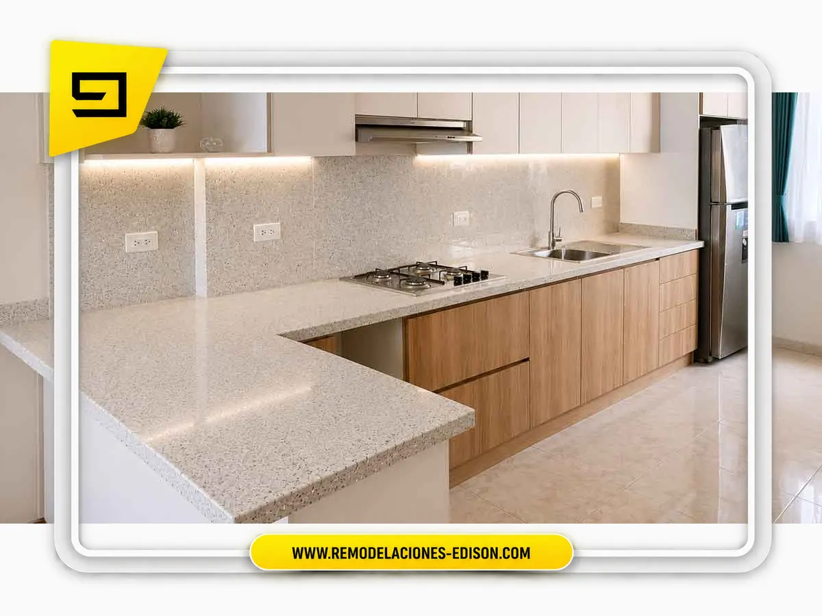 Resultado final · Cocina Granito Blanco Cristal Especial con Pared revestida en Quito